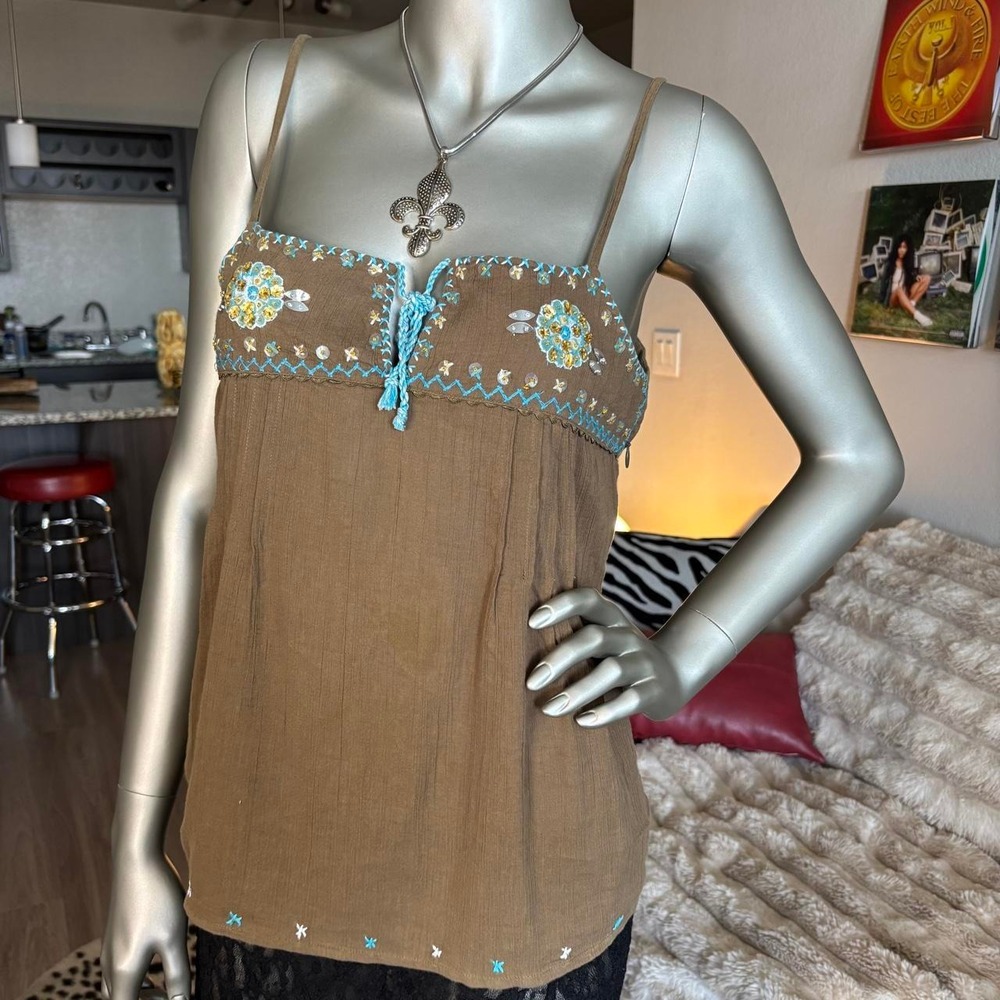 Free People Boho Embroidered Cotton Cami Tank Festival Fairy🧚♀️